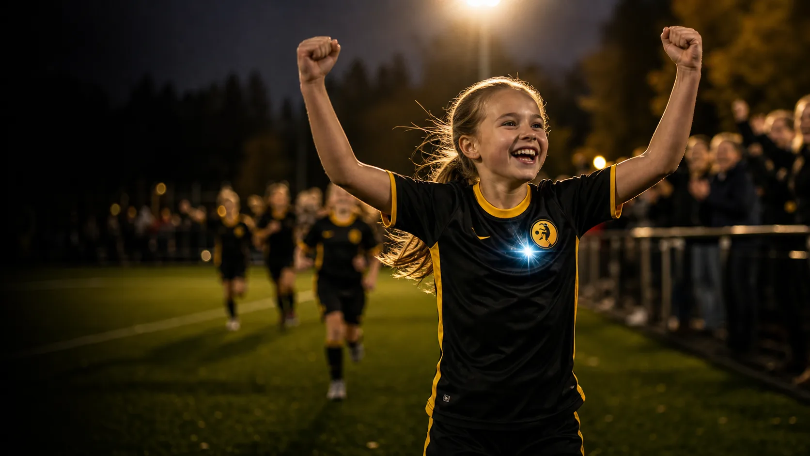 Junioripelaaja juhlii ottelua, timantti sydämen kohdalla